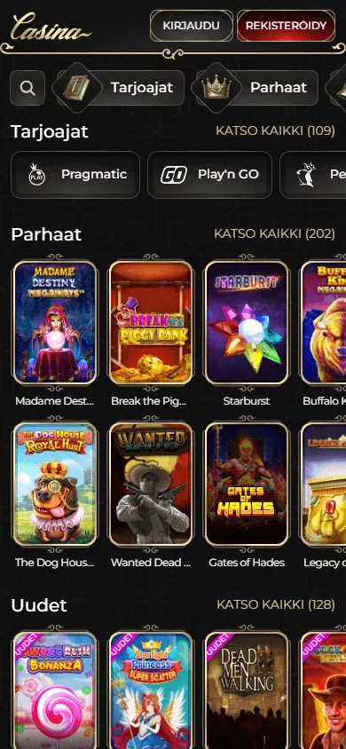 Casina Casino mobile browser game categories and casino titles