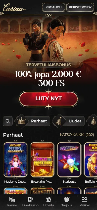Casina Casino responsive home screen on a mobile browser