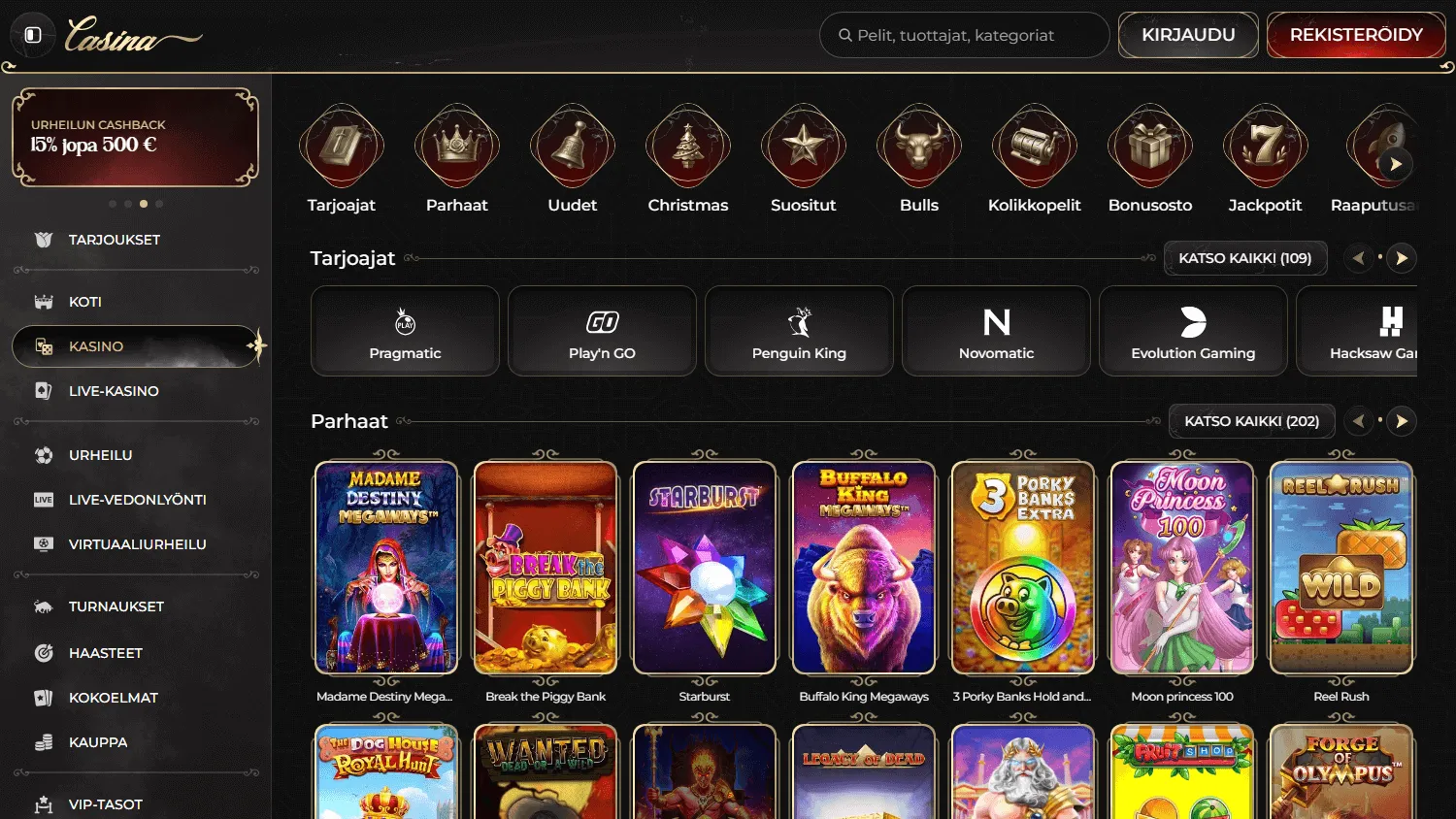 Casina Casino desktop game selection with casino categories and titles